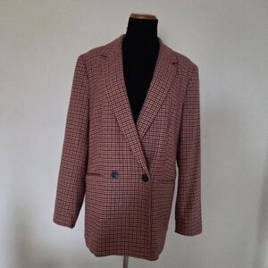 Gap women's Classic Double Breasted Red Brown houndstooth wool blazer size 16